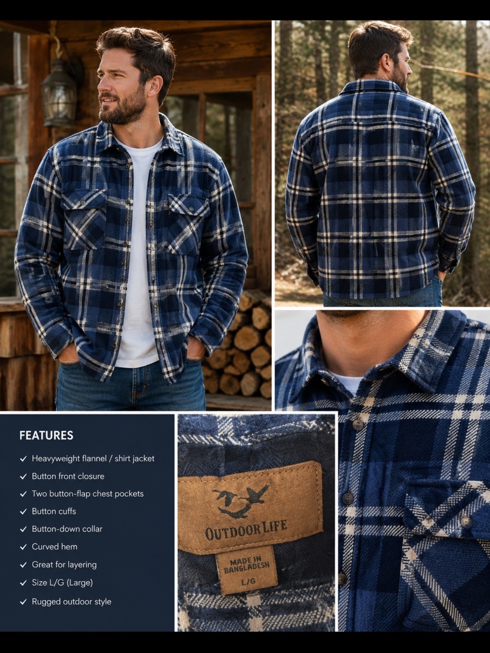 Outdoor Life Navy and White Plaid Flannel Shirt Jacket. L